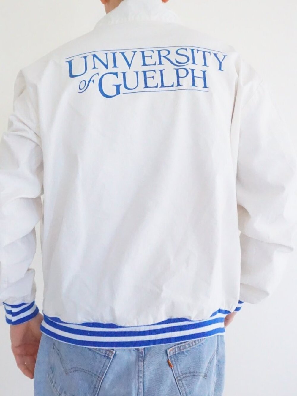 King Cotton White University of Guelph Striped Cotton Varsity Bomber Jacket M